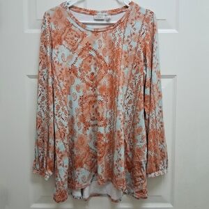 Lori Goldstein LOGO Tunic Top Medium Floral Paisley Orange Blue Pockets Boho